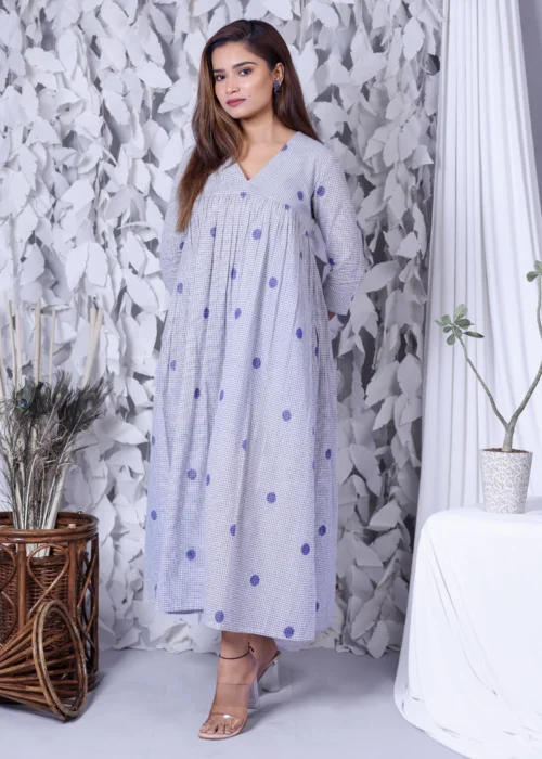 Check Print With Blue Embroidery Fit & Flare Midi Dress